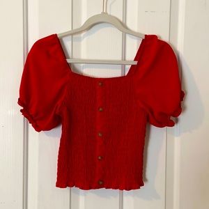 Red Cropped Shirt with Ruffled Sleeves